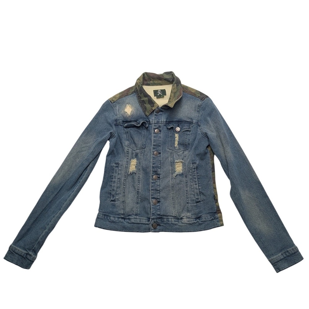 Royal Bones Denim Jacket Womens Small Blue Camo Distressed Punk Stretch